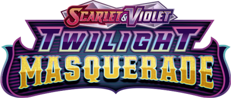 Logo for "Scarlet & Violet: Twilight Masquerade" featuring vibrant text and stylised design.