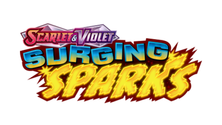 Logo for "Scarlet & Violet: Surging Sparks" featuring vibrant text with lightning effects.